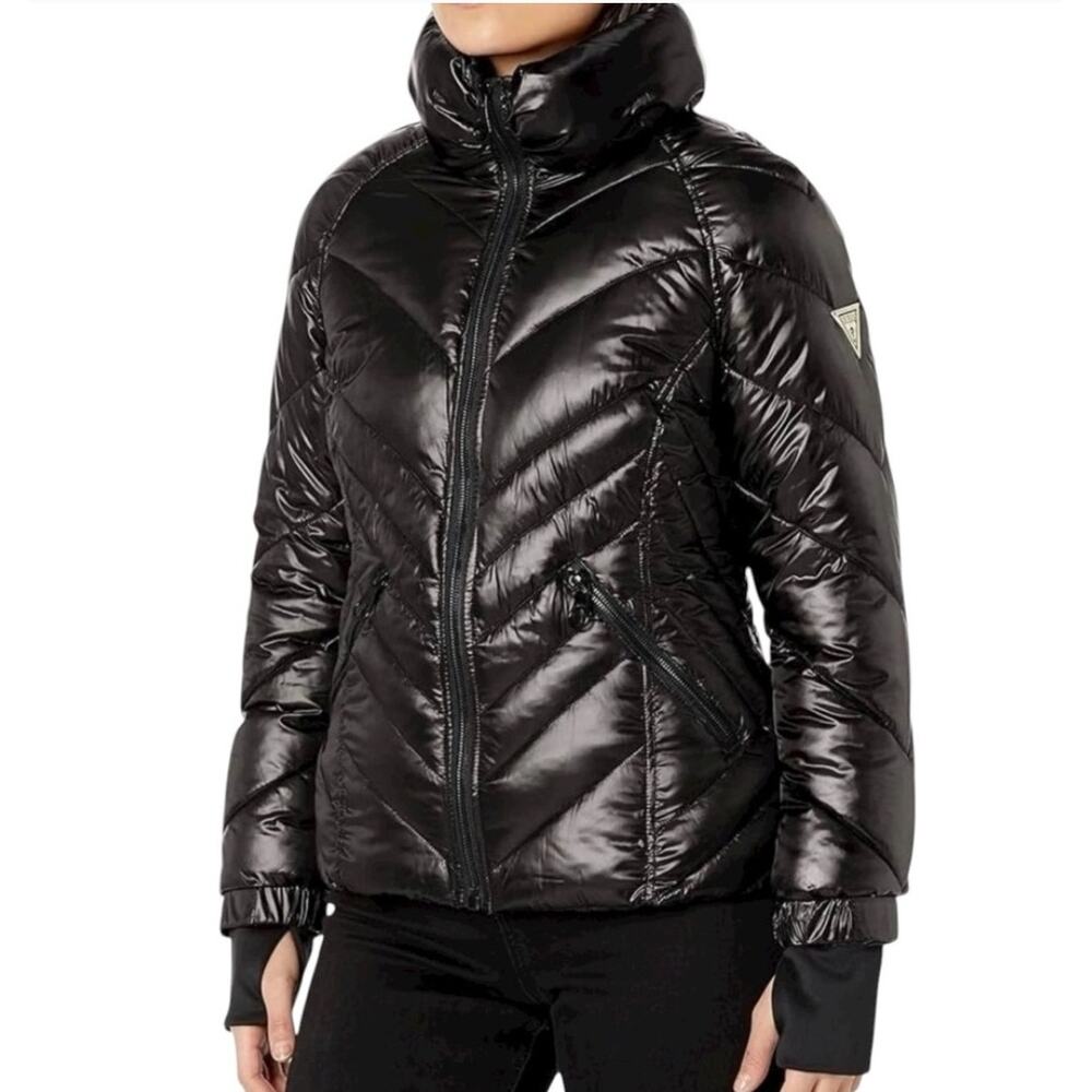Guess Women's Puffer Jacket Small Black Full Zip Thumb Holes Ski Gorpcore